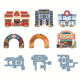 The puzzle showcases a bustling city scene with various imaginative vehicles, including cars, trucks, and other unique modes of transportation, all adorned with colorful designs.