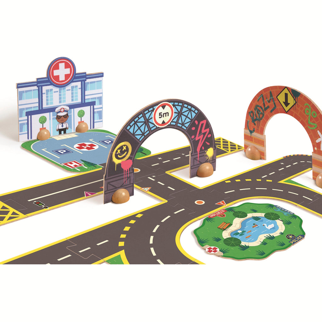 The puzzle showcases a bustling city scene with various imaginative vehicles, including cars, trucks, and other unique modes of transportation, all adorned with colorful designs.