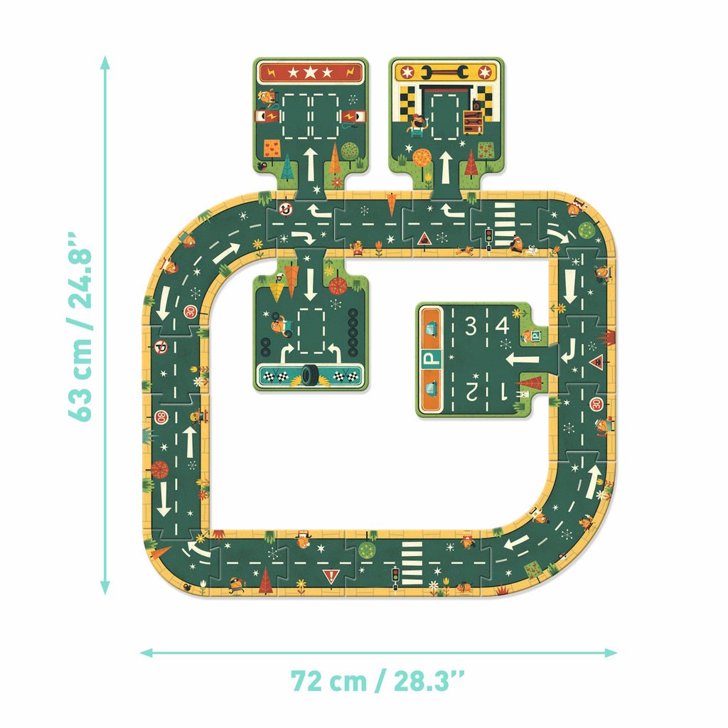 A 21-piece giant puzzle by Djeco, featuring a colorful and imaginative road layout with various intersections, ramps, and parking areas.