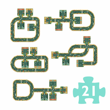A 21-piece giant puzzle by Djeco, featuring a colorful and imaginative road layout with various intersections, ramps, and parking areas.