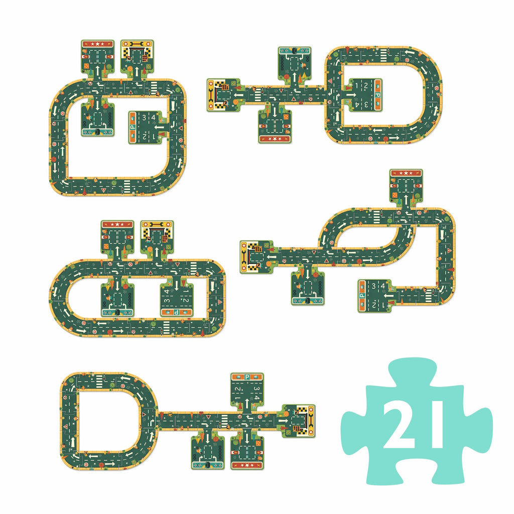 A 21-piece giant puzzle by Djeco, featuring a colorful and imaginative road layout with various intersections, ramps, and parking areas.