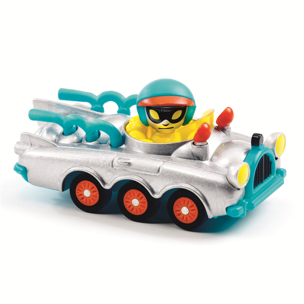 A colorful toy car with a smiling driver in a helmet, featuring silver body, orange wheels, and exaggerated exhaust pipes in a white background.