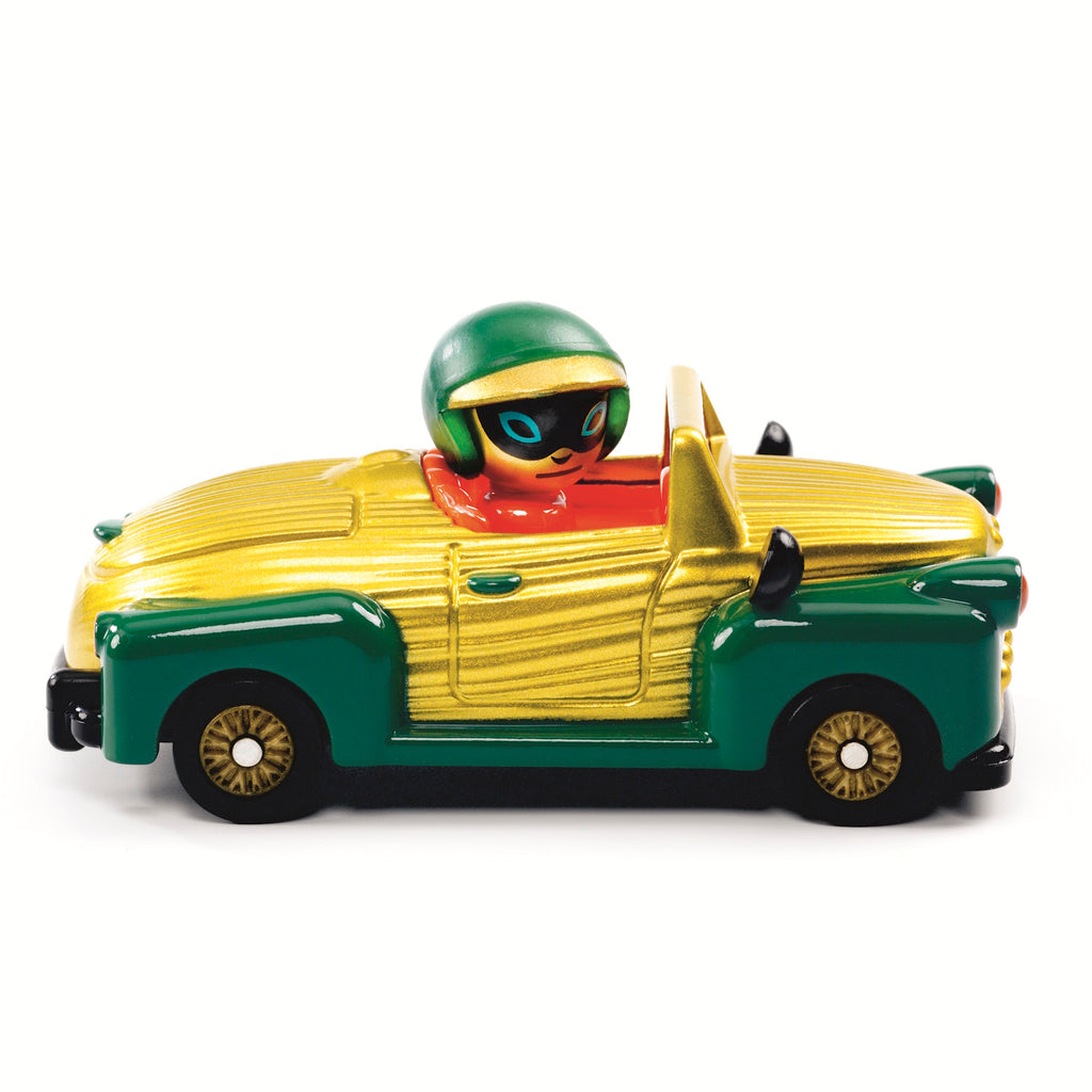 A colorful toy car with a shiny green and gold finish, featuring a cartoon figure in a green helmet and red outfit at the wheel in a white background.
