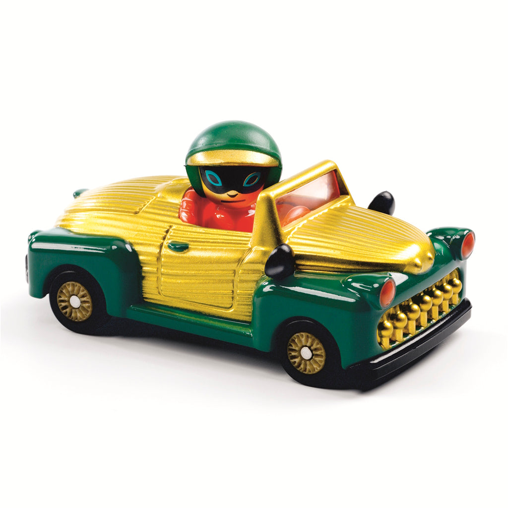 A colorful toy car with a shiny green and gold finish, featuring a cartoon figure in a green helmet and red outfit at the wheel in a white background.