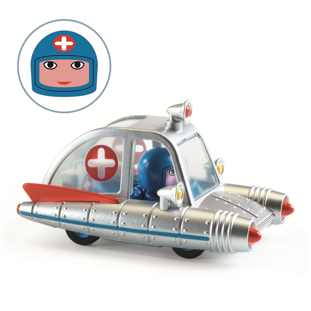 A small, silver toy car with a medical cross symbol and a blue driver, designed in a retro futuristic style.