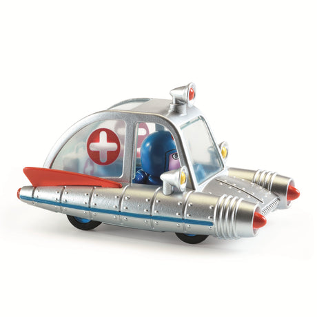 A small, silver toy car with a medical cross symbol and a blue driver, designed in a retro futuristic style.