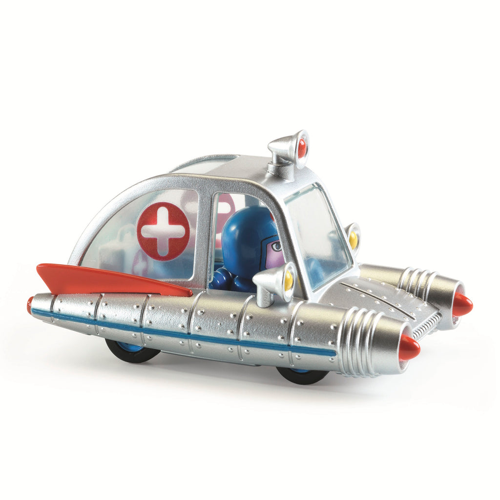 A small, silver toy car with a medical cross symbol and a blue driver, designed in a retro futuristic style.