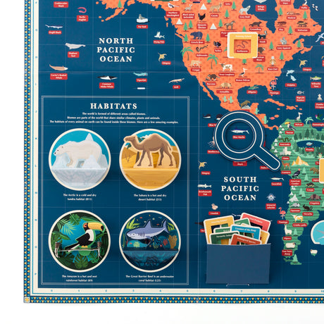 Interactive world map display showing animal habitats, 3D pop-up biome circles, and a paper magnifying glass.