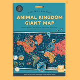 Packaging for "Create an Amazing Animal Kingdom Giant Map" kit with an illustrated world map preview.