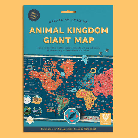 Packaging for "Create an Amazing Animal Kingdom Giant Map" kit with an illustrated world map preview.