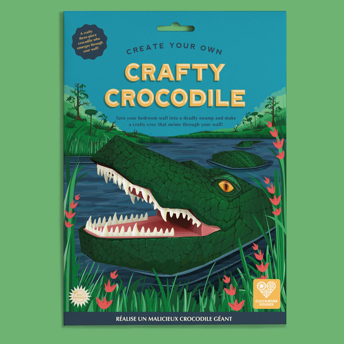 Product packaging for a Create Your Own Crafty Crocodile craft kit featuring a crocodile in a swamp.