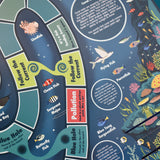 Detailed view of an ocean-themed board game with labeled sea creatures, paths, and educational facts.