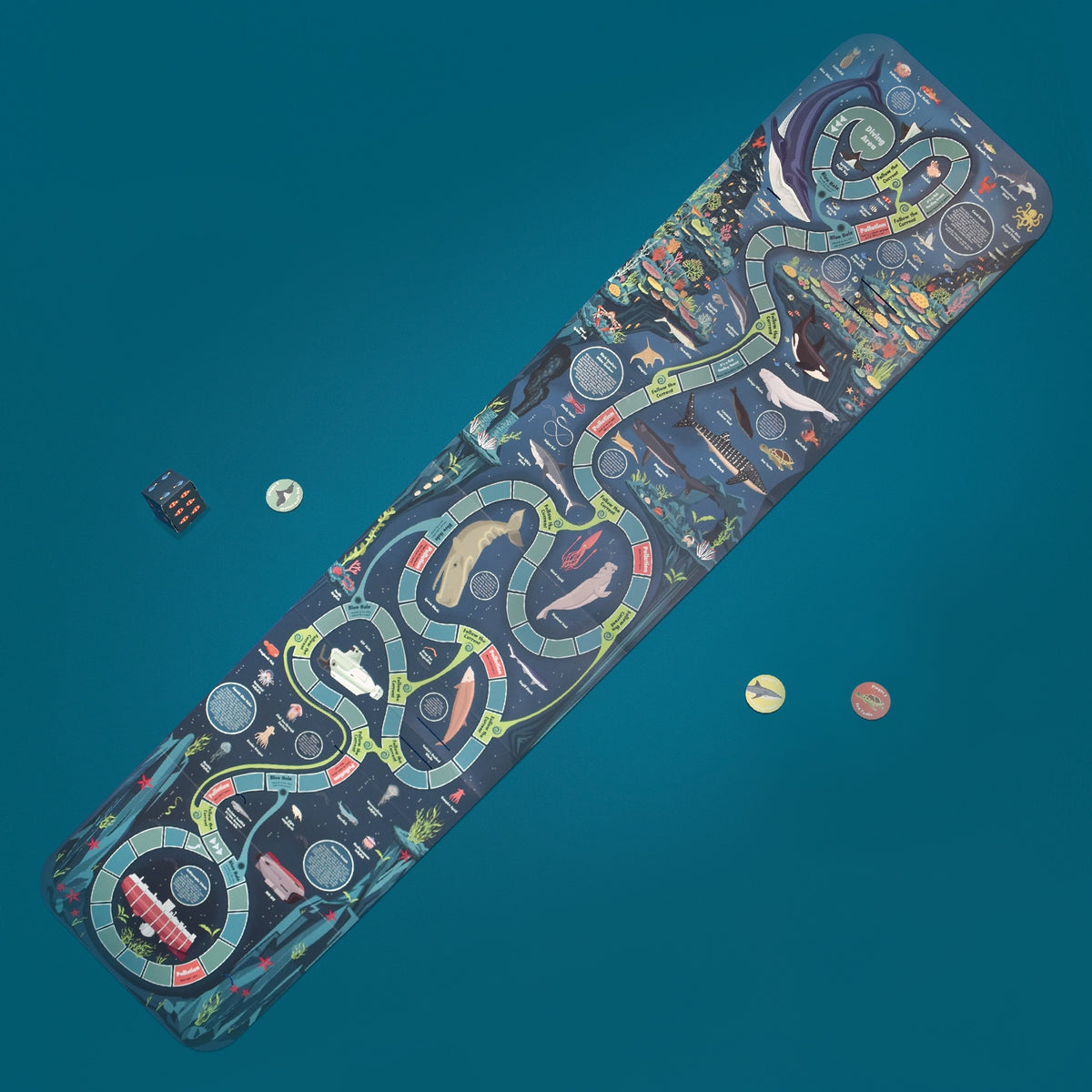 Illustrated ocean-themed board game with a winding track, game tokens, and dice set on a dark blue background.