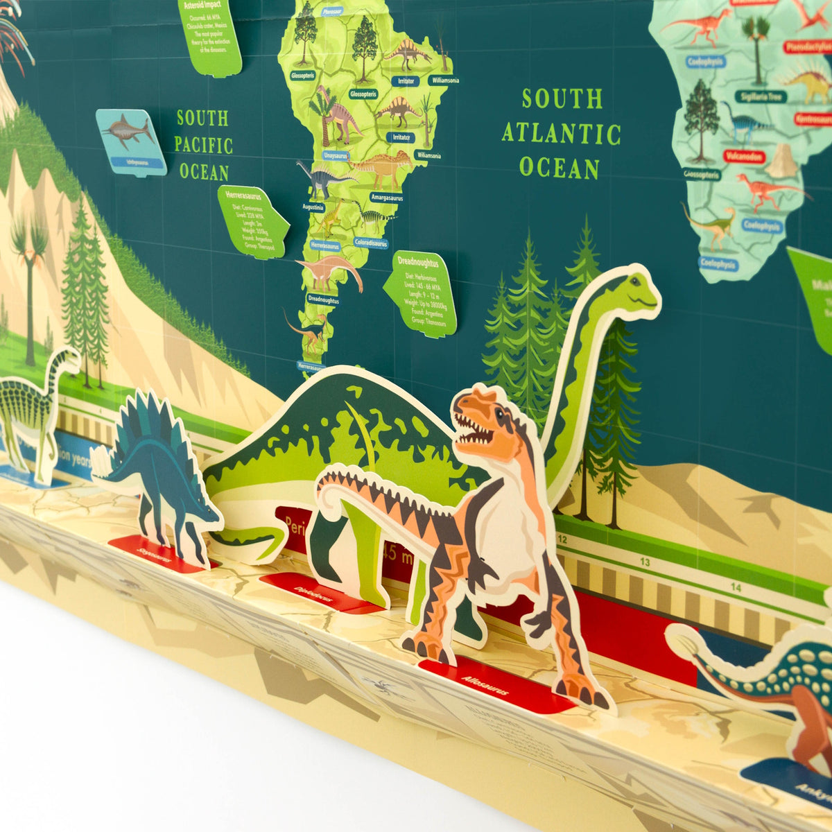 Interactive dinosaur timeline map with 3D pop-up dinosaur figures set against an illustrated world map.