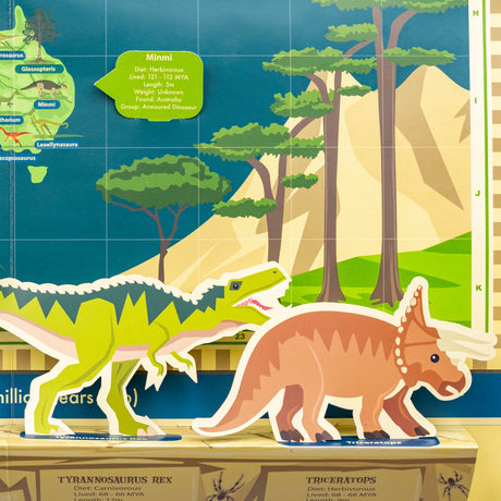 Close-up of a dinosaur map featuring standing paper figures of a green T-Rex and an orange Triceratops.