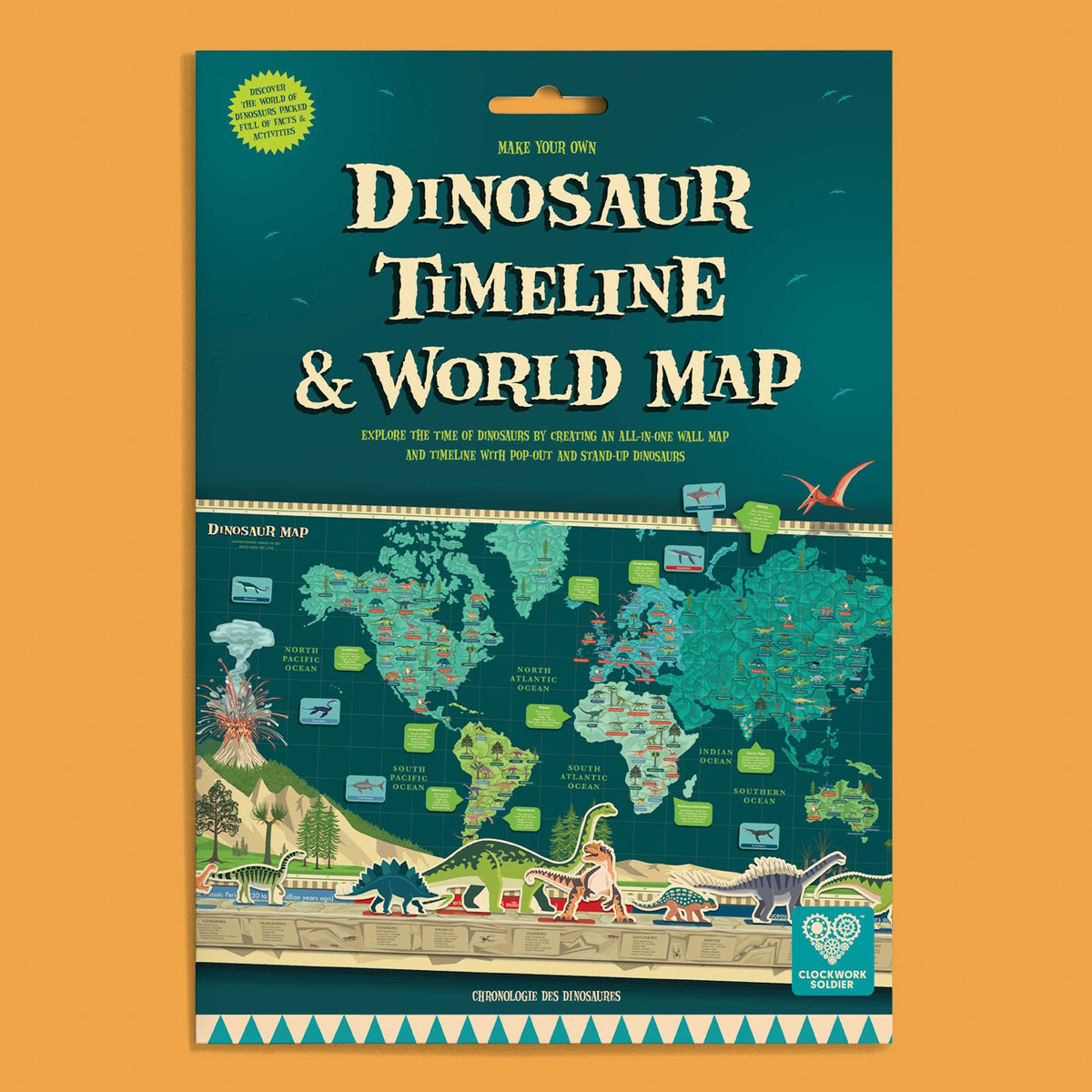 Packaging for a Make Your Own Dinosaur Timeline & World Map activity set against an orange background.