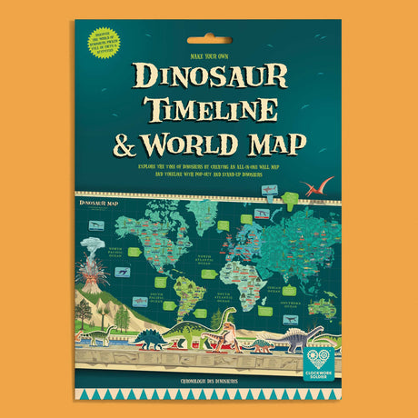 Packaging for a Make Your Own Dinosaur Timeline & World Map activity set against an orange background.
