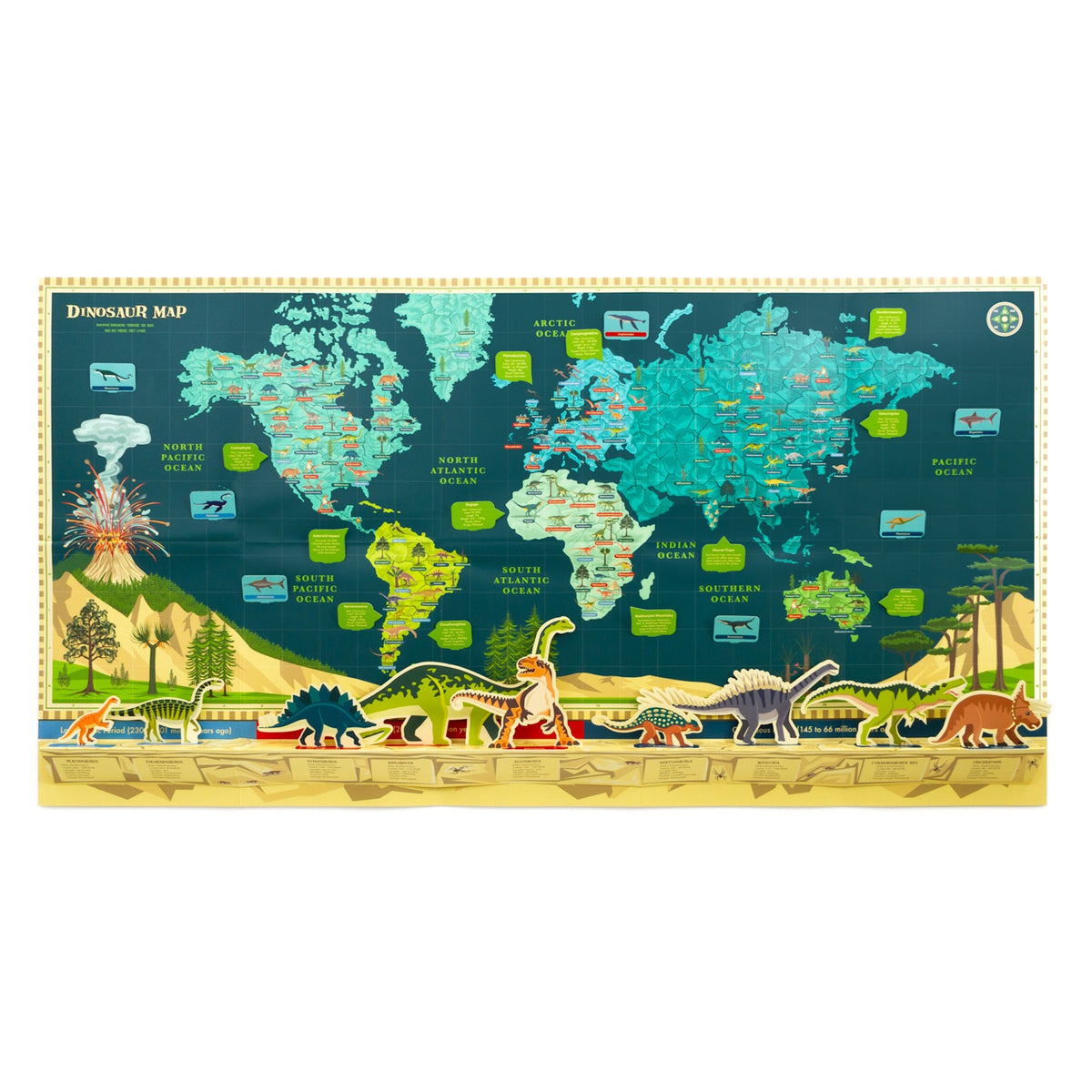 Illustrated dinosaur world map poster with pop-up dinosaur figures along a timeline at the bottom.