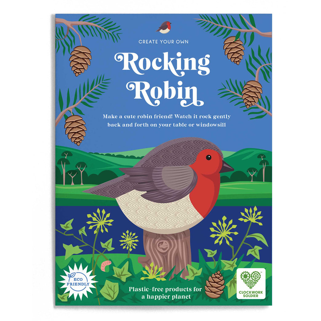 Illustrated packaging featuring a vibrant red-breasted robin perched on a tree stump against a scenic landscape. The text reads "Rocking Robin" with eco-friendly logos. Pine branches and cones frame the top, with green hills in the background. The tone is cheerful and nature-focused.