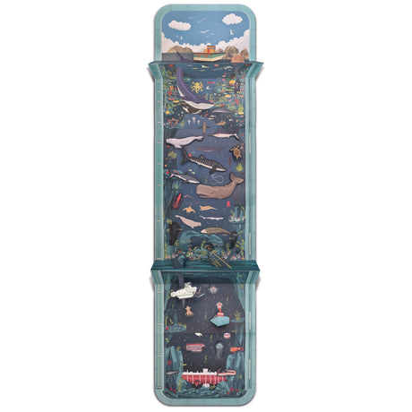 Vertical ocean depth chart activity board with sea creatures and submersibles on a plain white background.