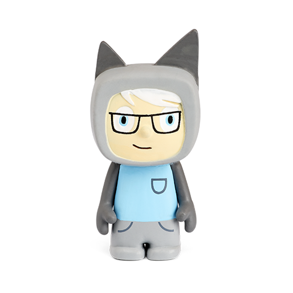 A cute figurine of a character with white hair, glasses, and a gray cat-themed hoodie, wearing a blue shirt and light gray pants.