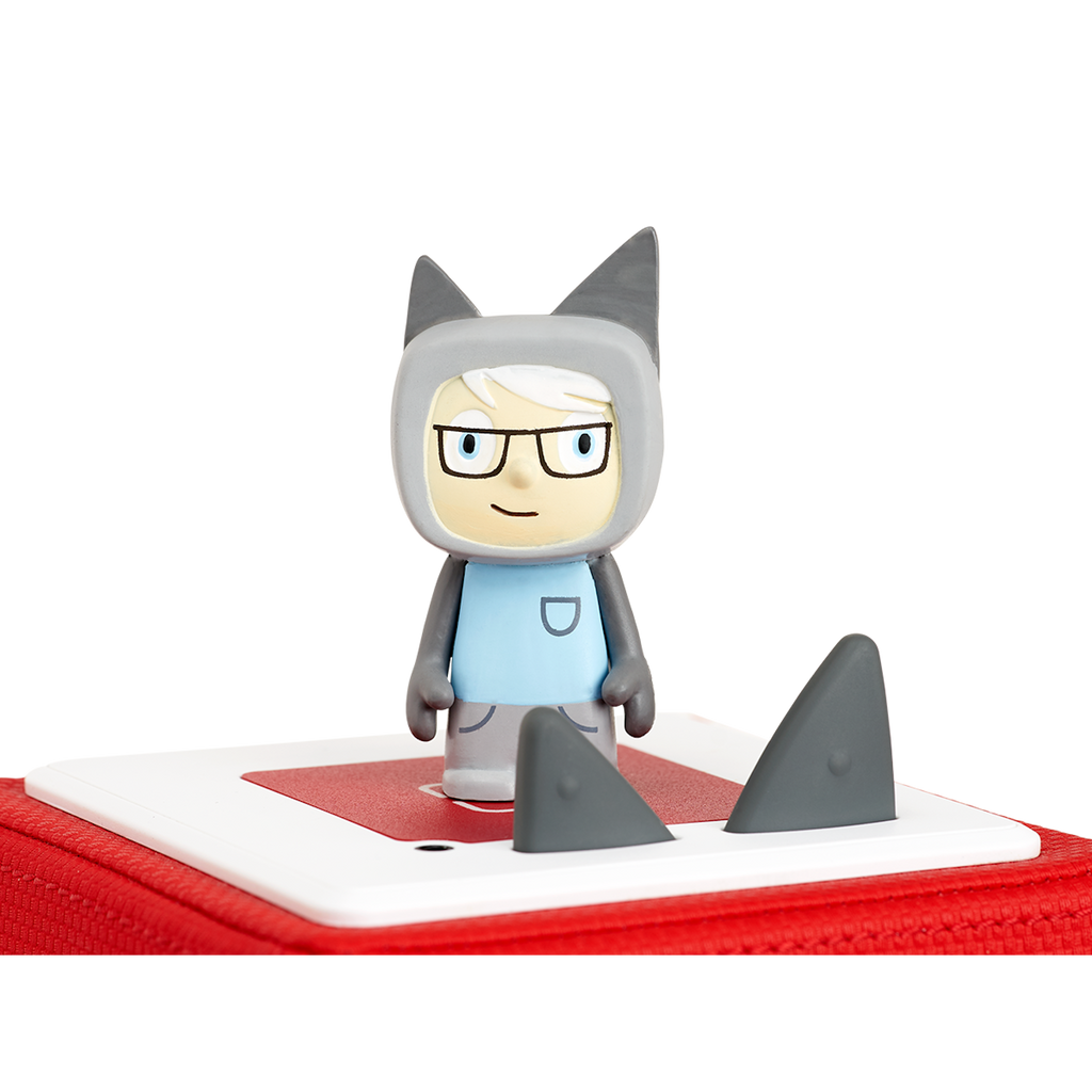 A cute figurine of a character with white hair, glasses, and a gray cat-themed hoodie, wearing a blue shirt and light gray pants.