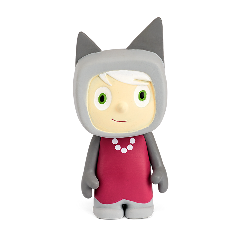 A cartoonish figurine of a girl with a gray cat-ear hood, green eyes, silver hair, and a red dress adorned with white beads.