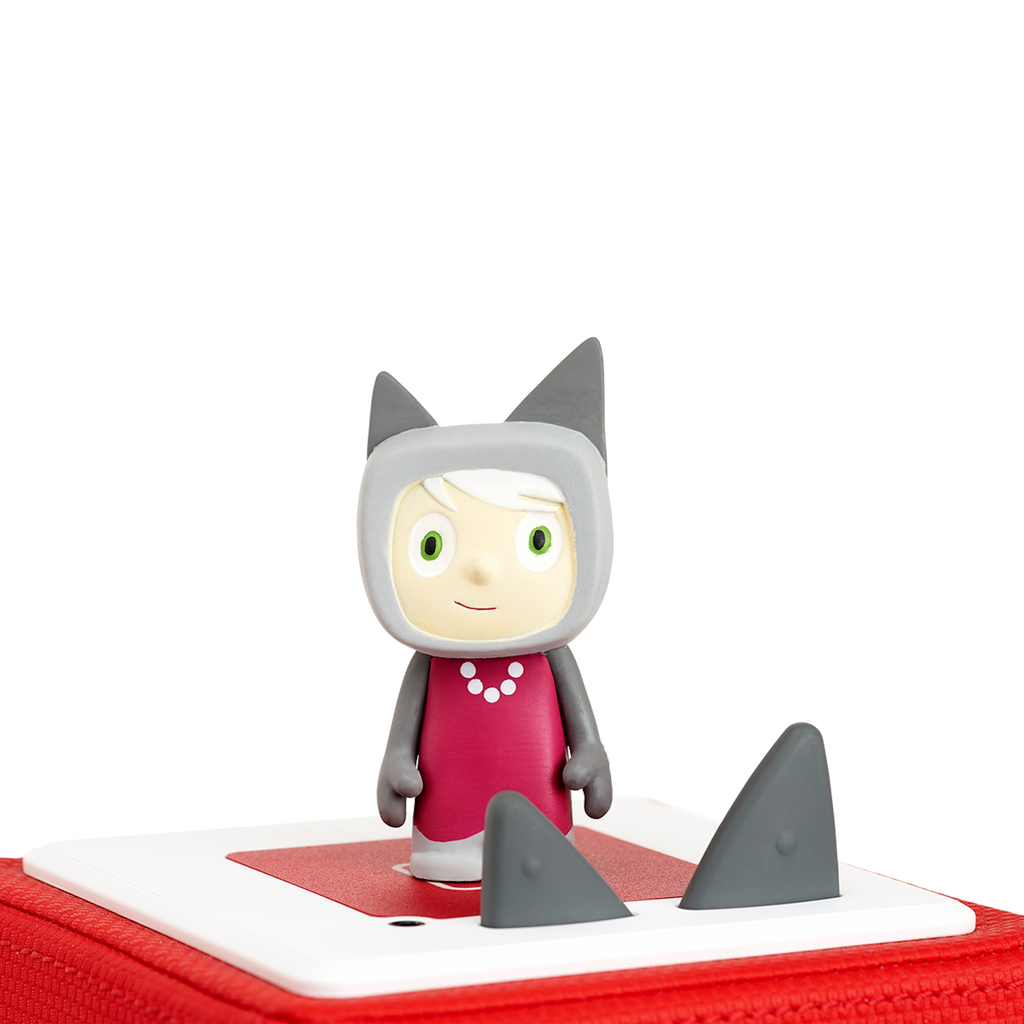 A cartoonish figurine of a girl with a gray cat-ear hood, green eyes, silver hair, and a red dress adorned with white beads.