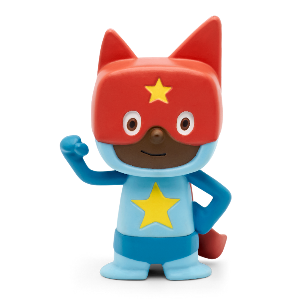 A cute superhero figure with a red mask and ears, blue outfit, and a star emblem, proudly posing with a raised arm.