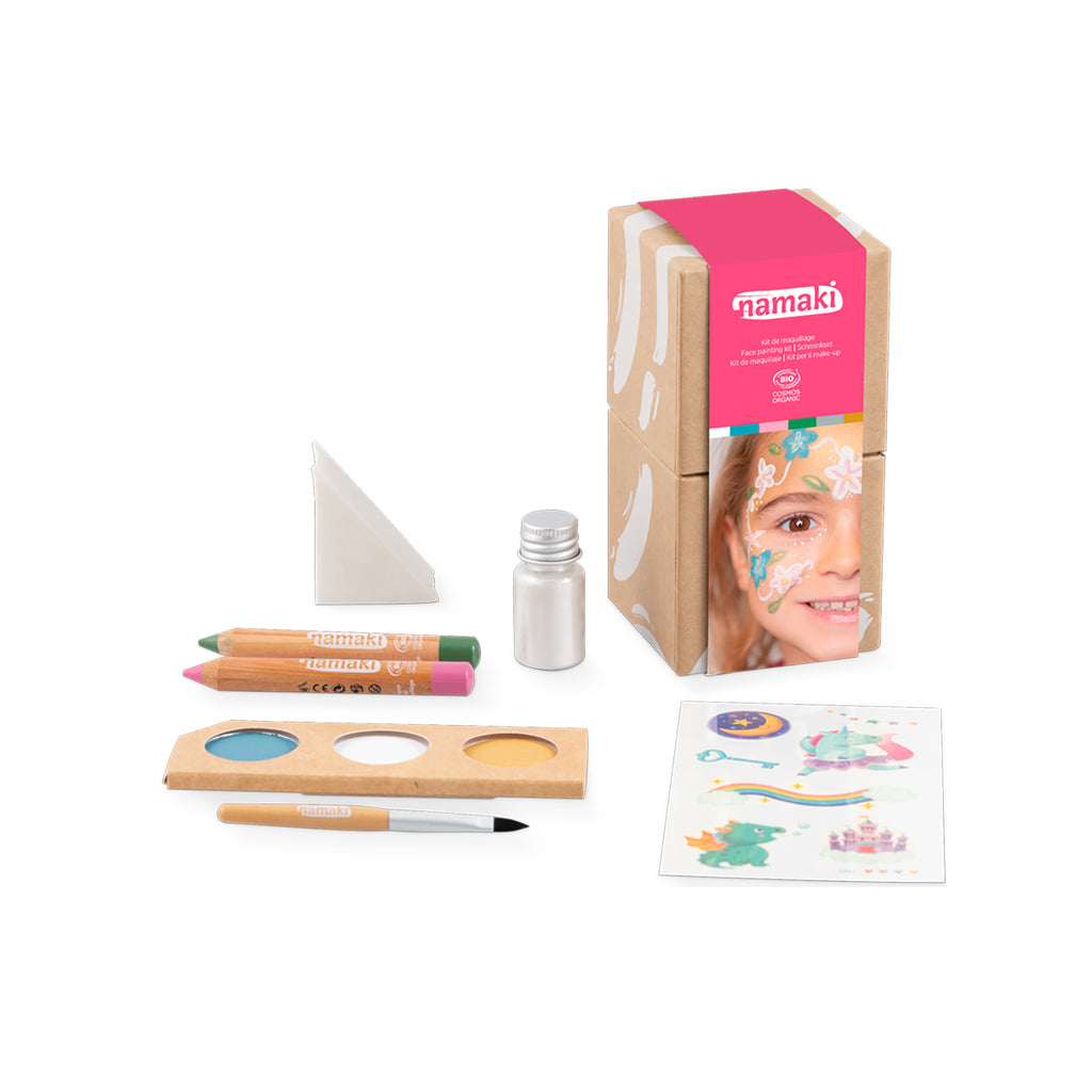 Namaki Flower Fairy Face Paint Kit with eco-friendly packaging and included accessories, featuring a child with floral face paint design.