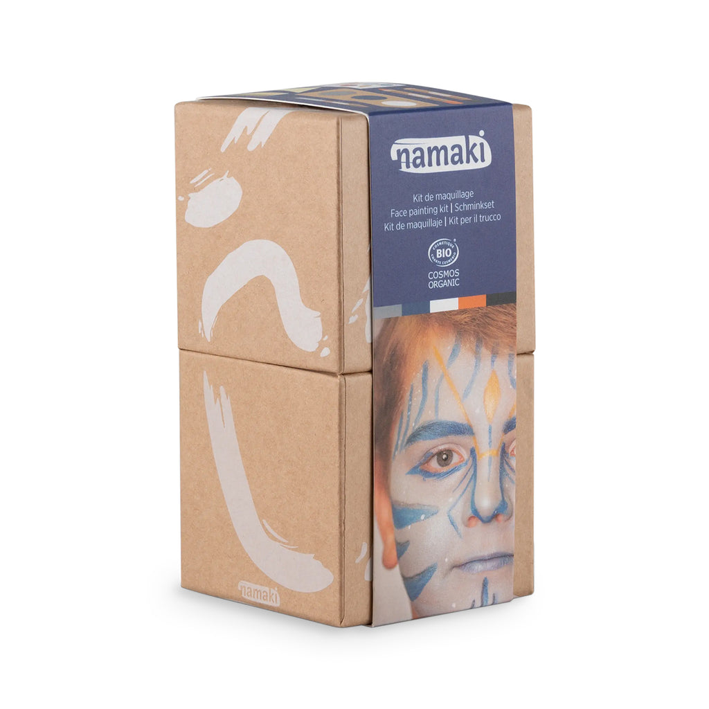 Namaki Intergalactic Worlds face painting kit in eco-friendly cardboard packaging, featuring a blue label with a child’s face painted in a cosmic theme."