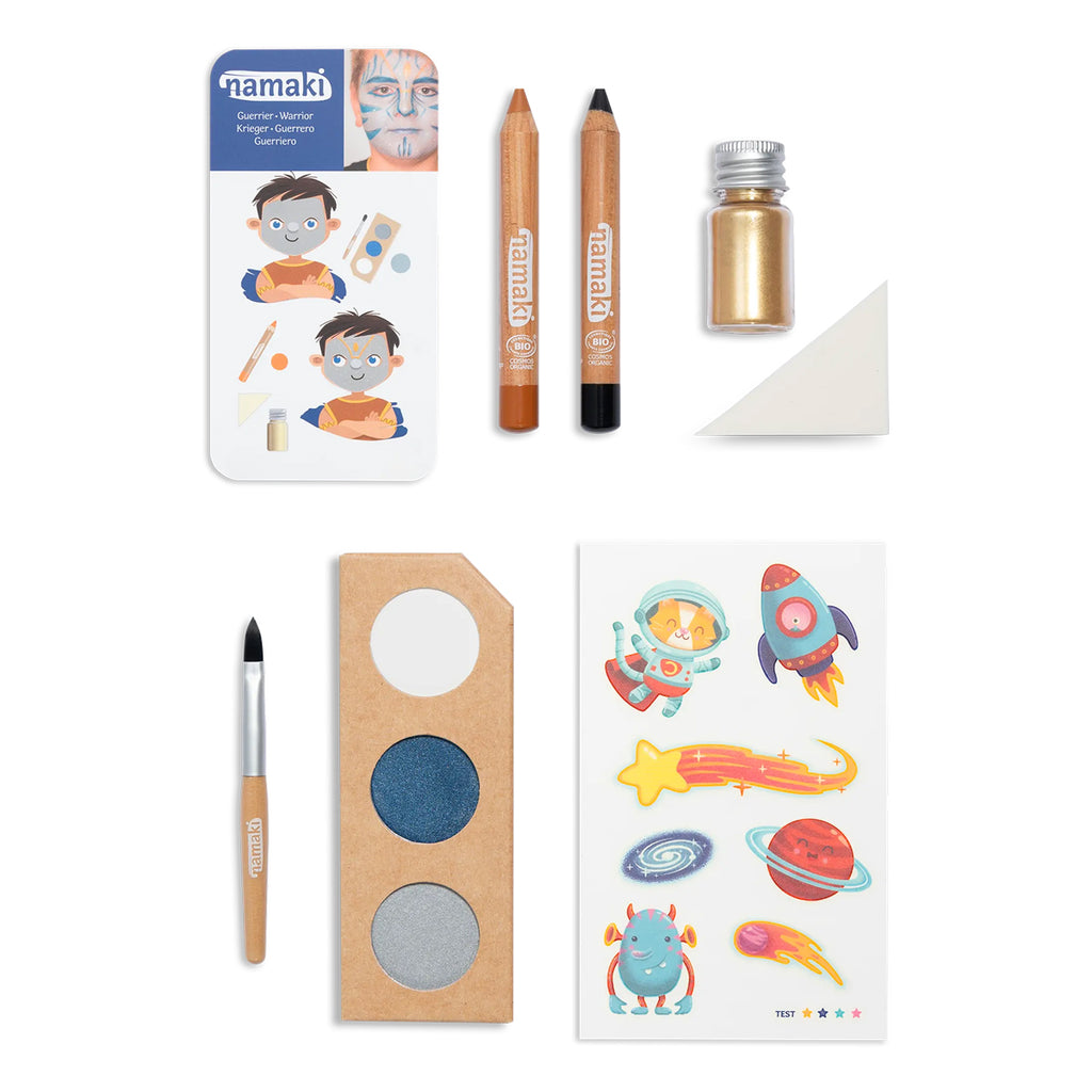 Namaki Intergalactic Worlds face paint kit contents, including face paint palette, paintbrush, two coloured pencils, gold glitter, stencil, and space-themed temporary tattoos