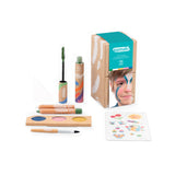 Namaki Rainbow Face Painting Kit – open set with face paints, brush, crayons, and green hair mascara.