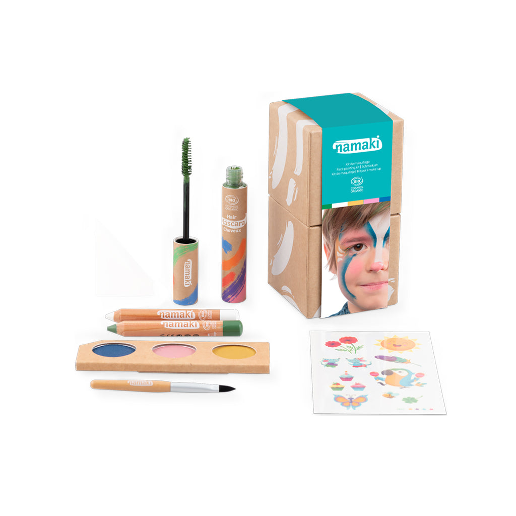 Namaki Rainbow Face Painting Kit – open set with face paints, brush, crayons, and green hair mascara.