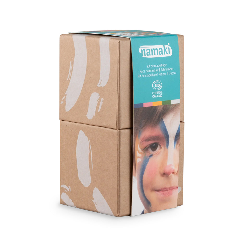 Namaki Rainbow Face Painting Kit – eco-friendly cardboard packaging featuring a child with painted face.