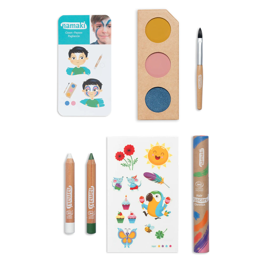 Namaki Rainbow Face Painting Kit – contents displayed, including face paint palette, crayons, brush, hair mascara, and colourful stickers.