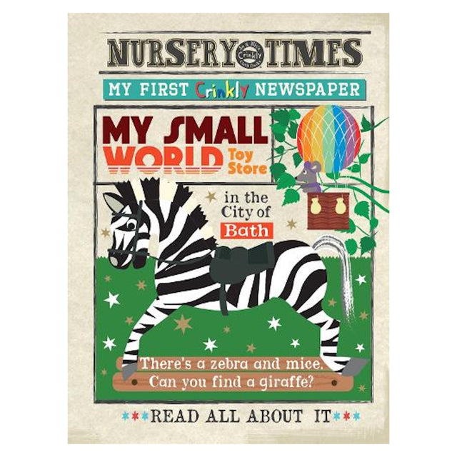 Nursery Times My First Crinkly Newspaper cloth book for babies featuring a zebra, mice, and a colorful hot air balloon.
