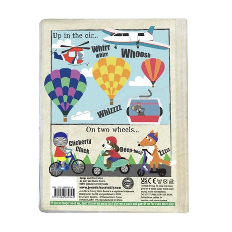 The back cover of a colorful children's cloth book featuring illustrations of vehicles and animal characters.
