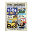 Nursery Times cloth book cover titled "Noisy Vehicles" featuring a boat, digger, fire engine, and a bear.