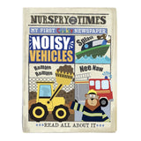 Nursery Times cloth book cover titled "Noisy Vehicles" featuring a boat, digger, fire engine, and a bear.