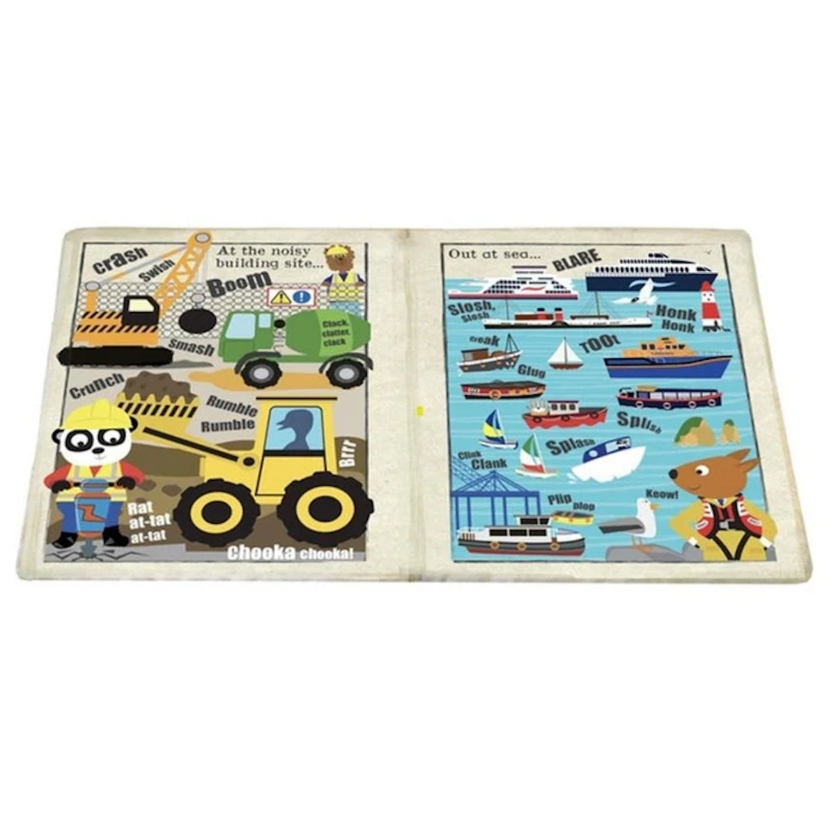 An open cloth children's book featuring illustrated construction vehicles on the left and boats on the right.