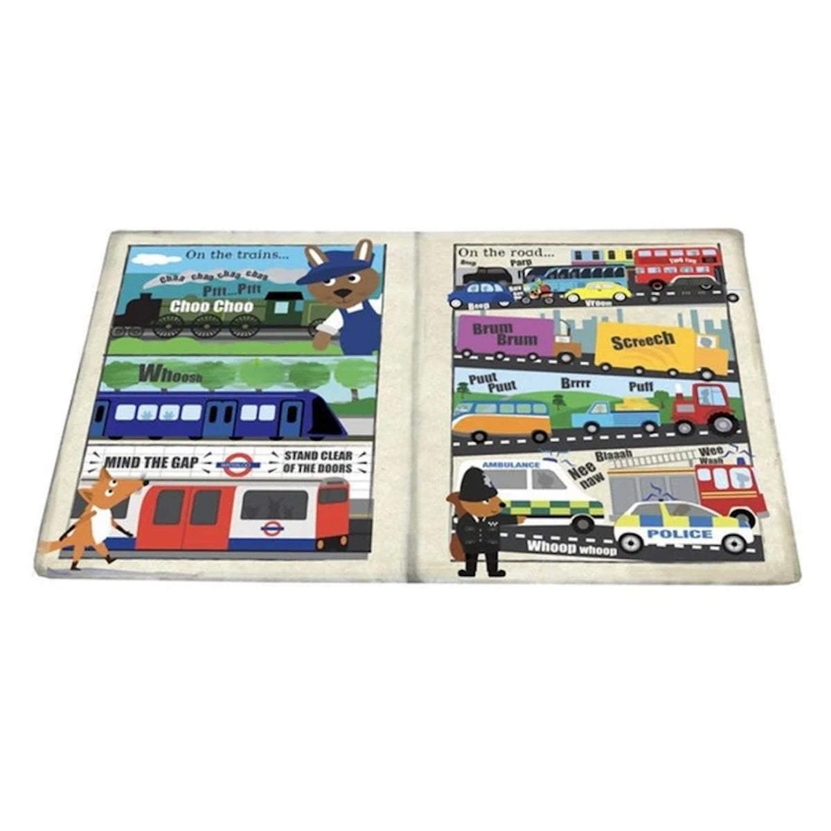 Open children's cloth book showing illustrated trains and road vehicles with sound effect words.