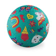 Colorful kids playground ball with rainbow, unicorn, butterfly, and cat illustrations on teal textured rubber.