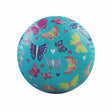 Teal playball with colorful textured butterflies and small hearts pattern on a white background.