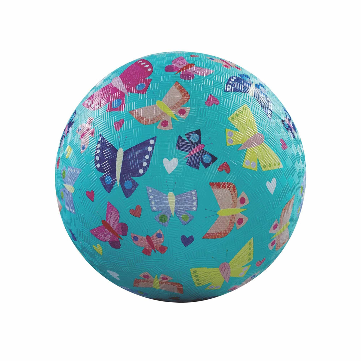Teal playball with colorful textured butterflies and small hearts pattern on a white background.