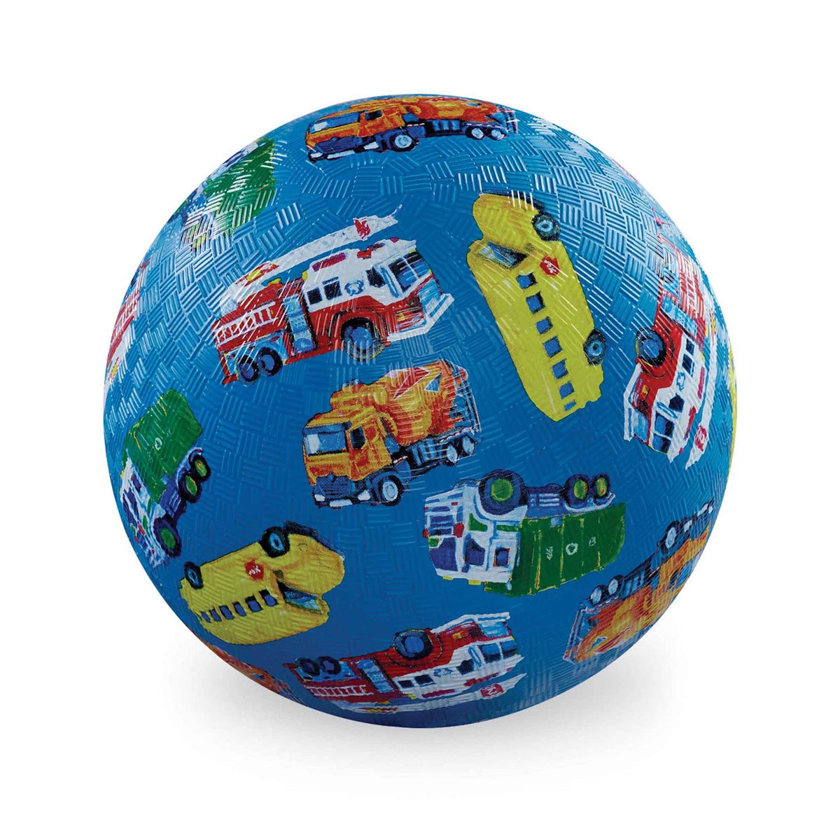 Blue rubber playground ball with colorful city vehicles like fire trucks, school buses, and garbage trucks.