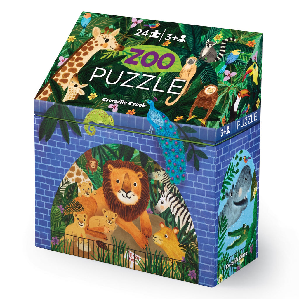 Colorful zoo-themed puzzle box showing a playful lion family on the front, surrounded by jungle animals like a giraffe, peacock, and zebra. Lively and inviting.