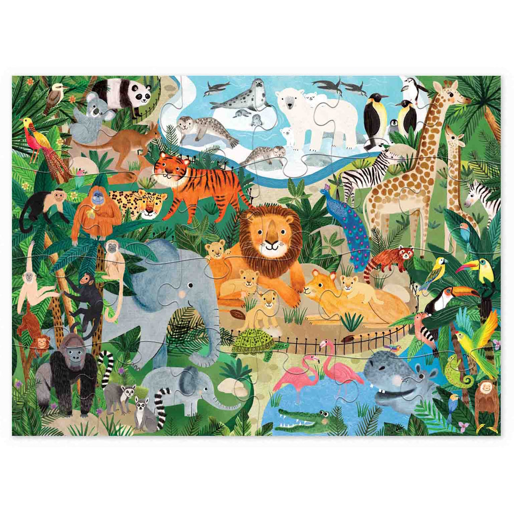 Colorful jungle scene with diverse animals like lions, elephants, giraffes, and monkeys. A vibrant rainforest and savanna backdrop evoke a playful and lively atmosphere.