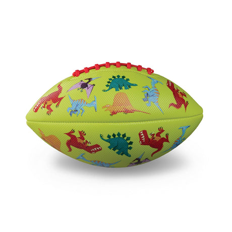 A light green football featuring colorful cartoon dinosaurs, including red, blue, and purple figures. Red laces on top add a playful touch.