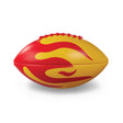 A vibrant football features a dynamic red and yellow flame pattern. The red laces add contrast, creating an energetic and playful tone.